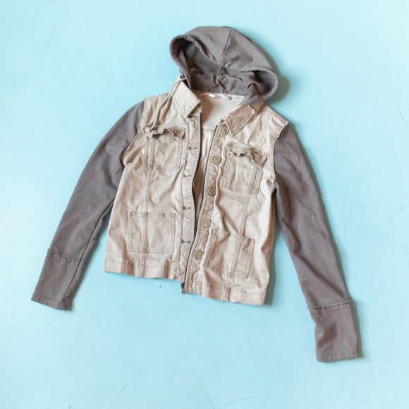 Free People Jackets & Blazers - Free People Tan Brown Denim Knit Sleeve Hoodie Mixed Fabric Jacket Size XS